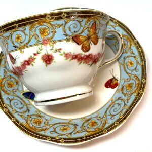 Graces Teaware Blue Butterfly & Flower Teacup & Saucer Fine Porcelain